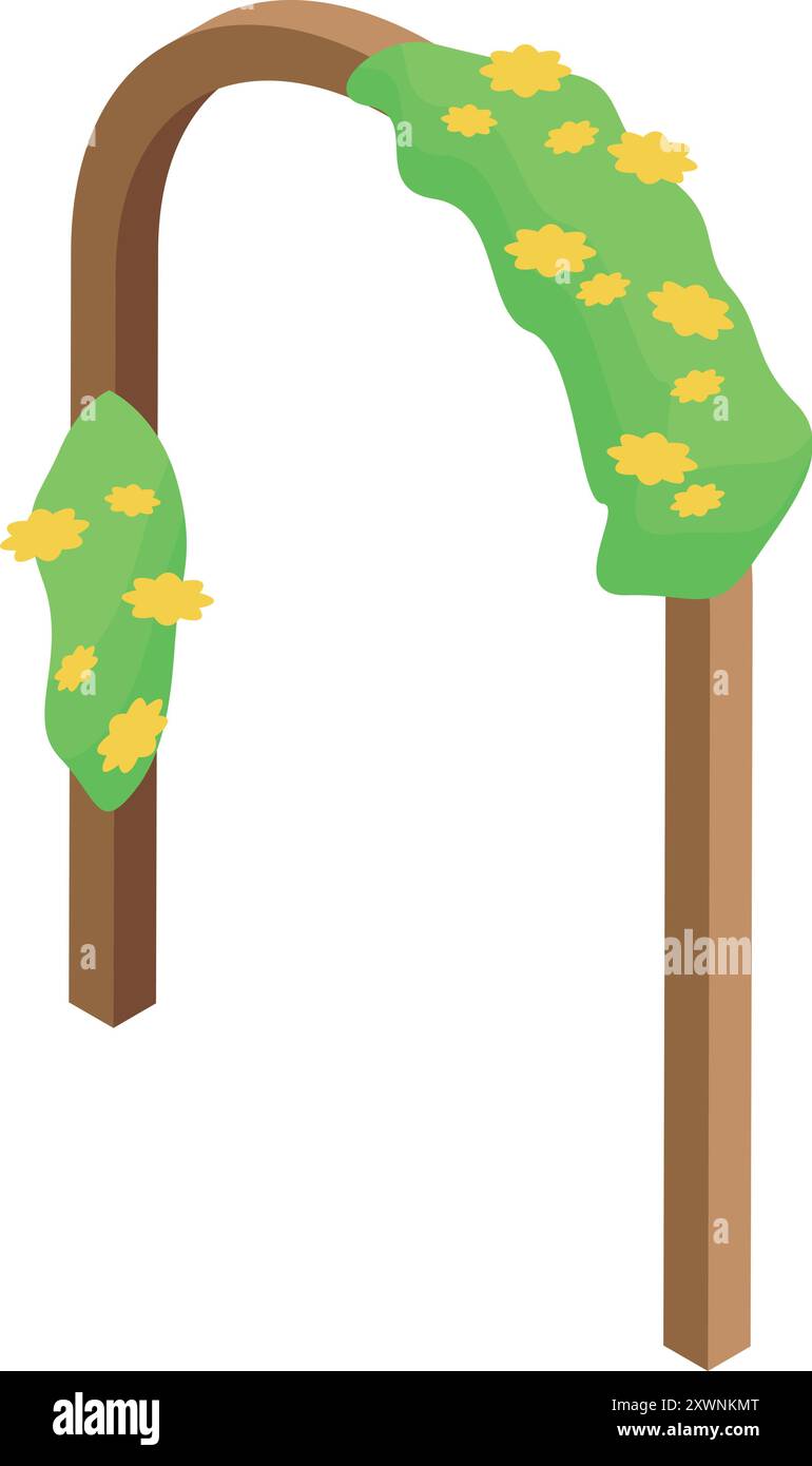 Arco nuziale in legno decorato con piante verdi e fiori gialli in vista isometrica Illustrazione Vettoriale