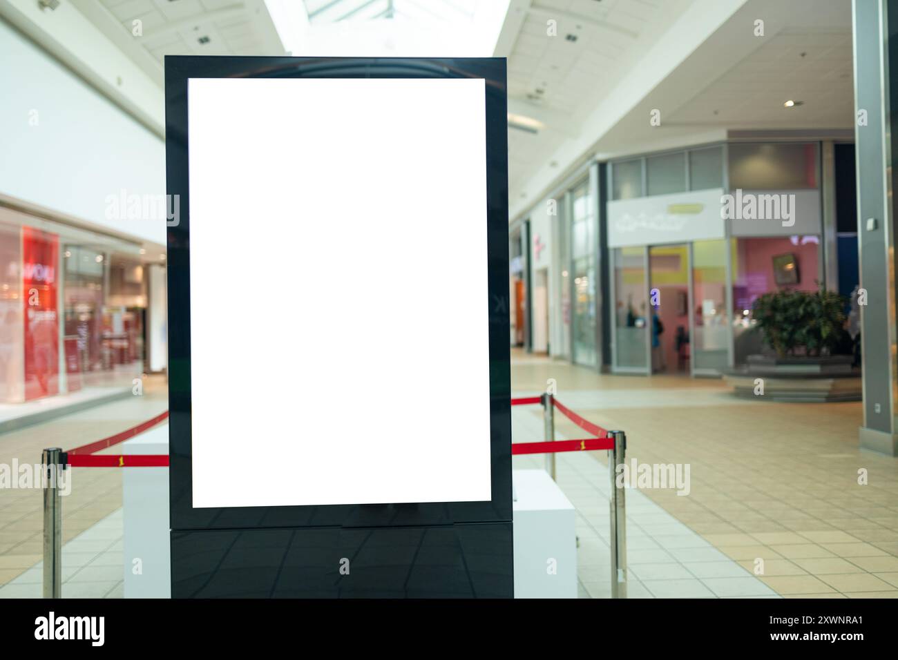 Negozio di tabelloni per tabelloni verticali nel centro commerciale. Spazio vuoto per inserire l'annuncio pubblicitario, informazioni al pubblico presso il centro commerciale Foto Stock