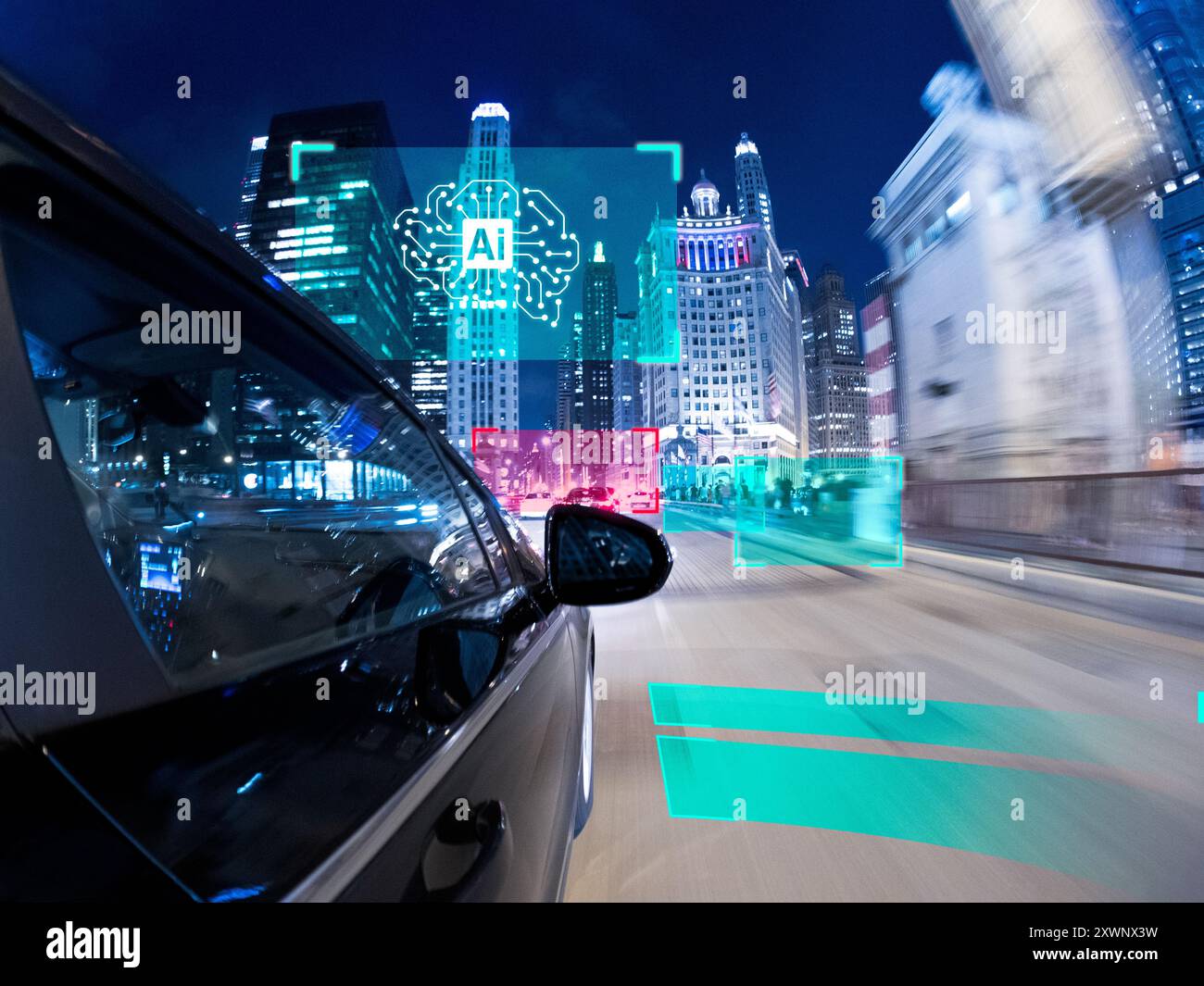 Concetto di auto senza conducente che guida verso un paesaggio urbano futuristico, Chicago, Illinois, Stati Uniti Foto Stock