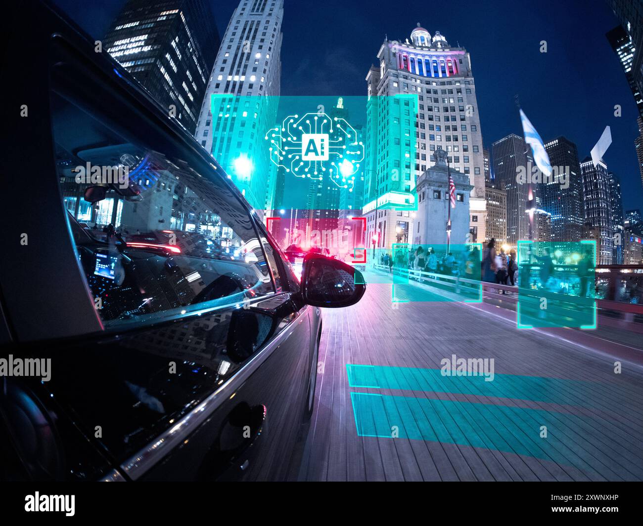 Concetto di auto senza conducente che guida verso un paesaggio urbano futuristico, Chicago, Illinois, Stati Uniti Foto Stock