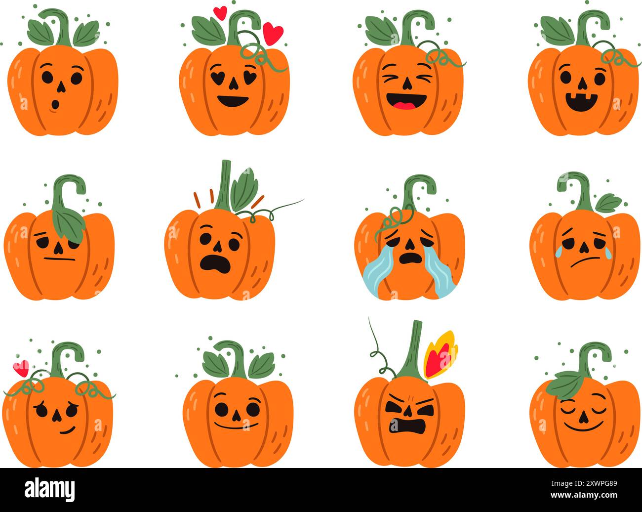 Set di divertenti emoticon di zucca per il lavoro degli autori di halloween Illustrazione Vettoriale