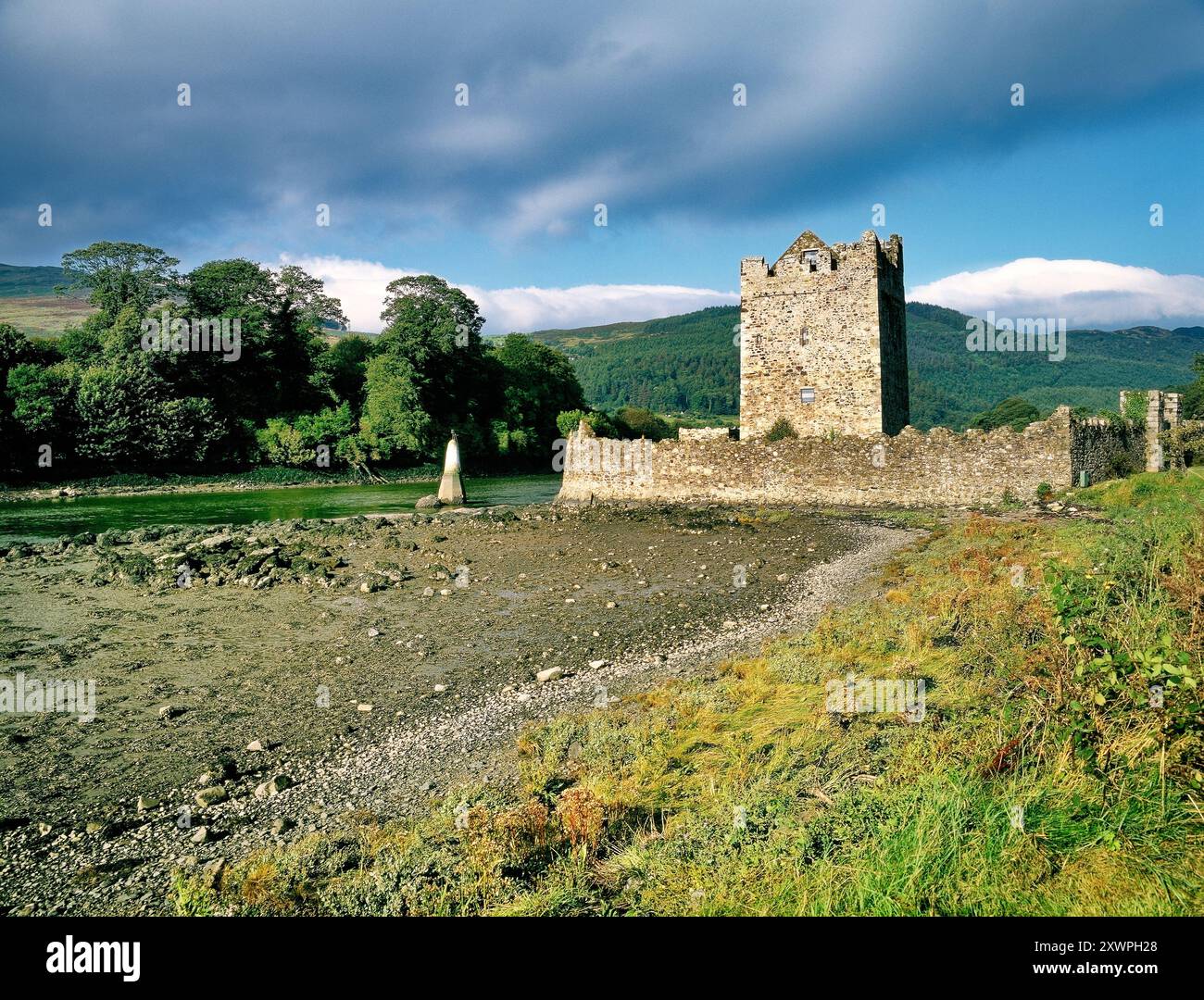 Castello di Narrow Water sul fiume Clanrye, Carlingford Lough, Contea di Down, Irlanda. 16 C. torre e bawn Foto Stock