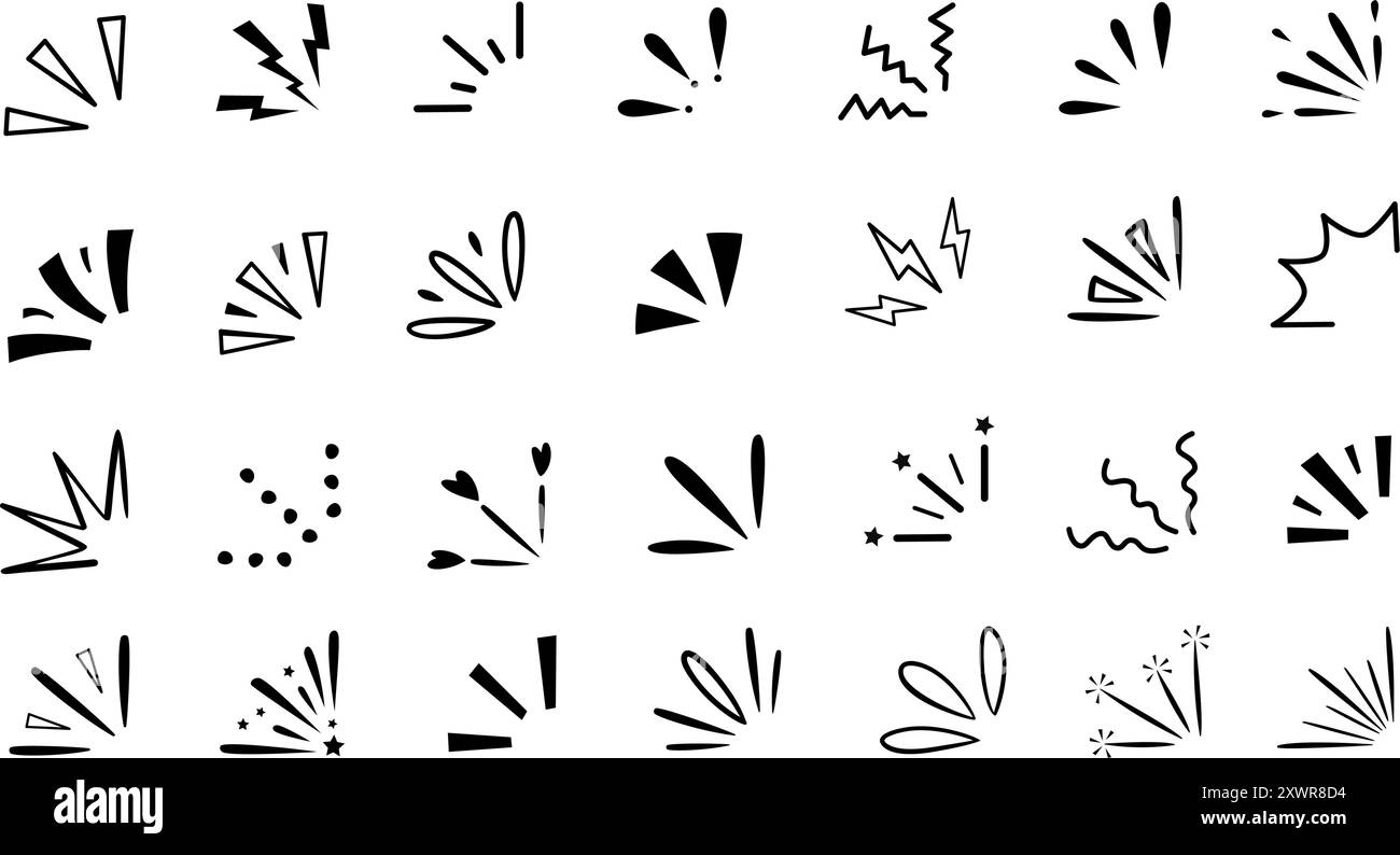Doodle esclamazione. Fumetti manga espressione emotiva, scintille disegnate a mano e simbolo di burst flash. Linee decorative Starburst e cartoni animati Illustrazione Vettoriale