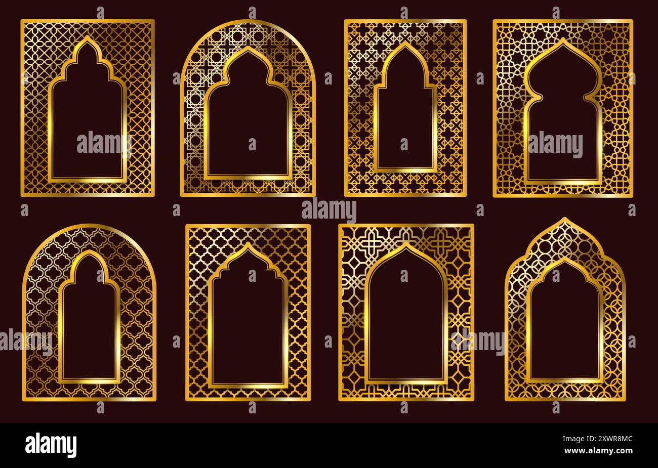 Cornici ornamentali arabe. Porte islamiche tradizionali o cornice ad arco con motivi arabi con ornamenti dorati. Cancello di lusso o architettura musulmana Illustrazione Vettoriale