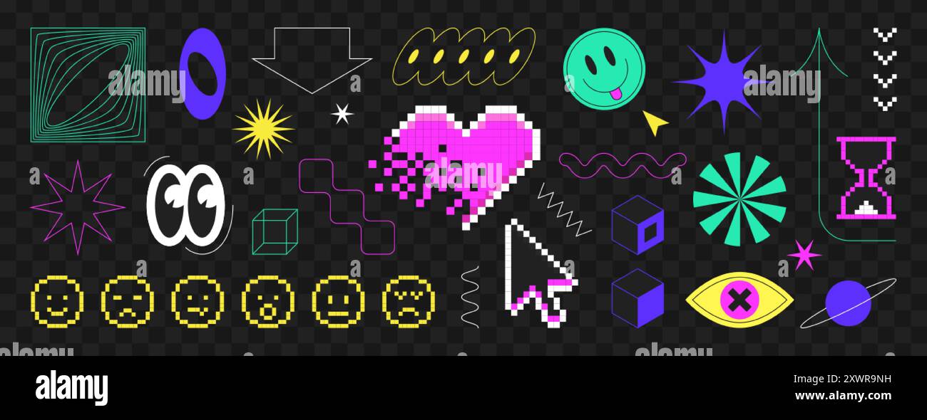 Set di adesivi y2k pixel art in stile retrò a 8 bit. Sorridi, occhi, linee, cuore d'amore e brutalismo forme geometriche. Elementi cyberpunk, figure semplici, stelle e forme wireframe su sfondo nero. Illustrazione Vettoriale