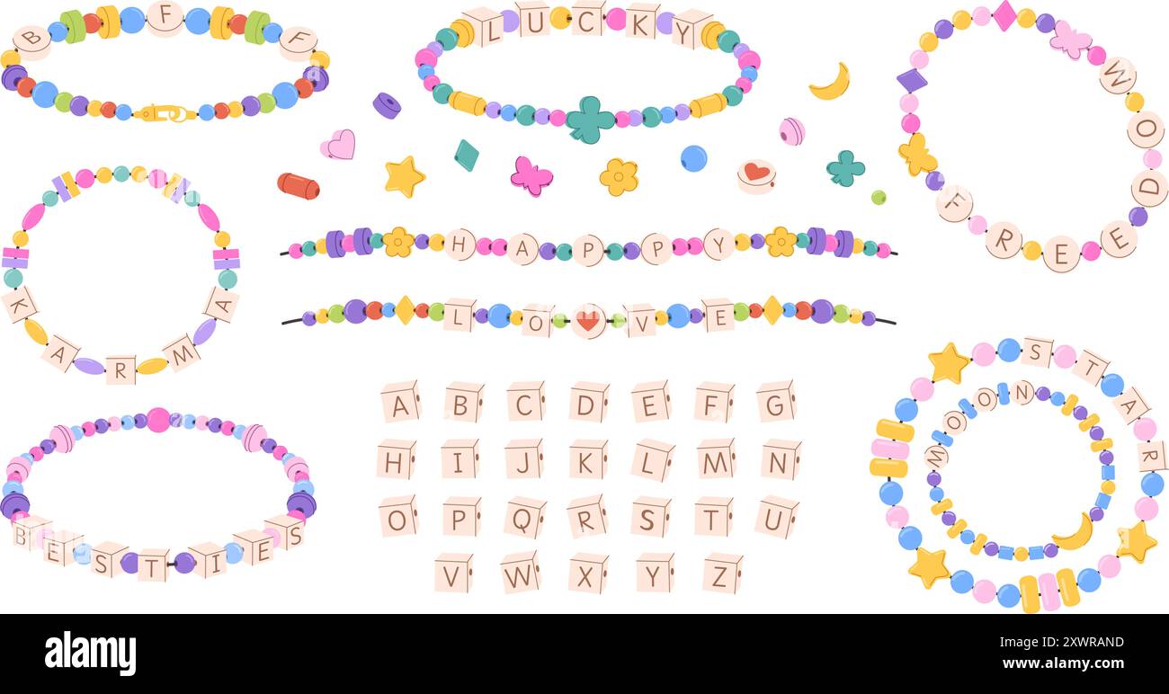 Kit di design braccialetti con bordino per bambini. BEST Friends Forever BFF, bestie e fortunati gioielli fatti a mano, braccialetto fai-da-te Friendship font alfabeto lettere cubo Illustrazione Vettoriale