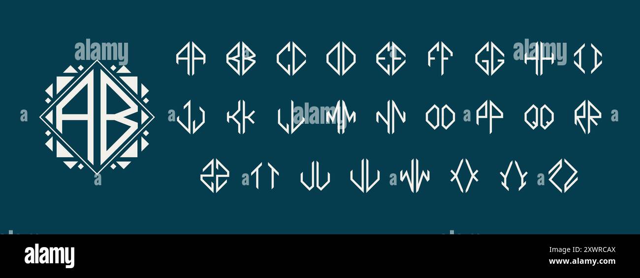 Kit monogramma Diamond a due lettere. Stemma con iniziali rombi con caratteri geometrici alfabetici. Timbro di etichetta individuale tipografia personalizzabile Illustrazione Vettoriale