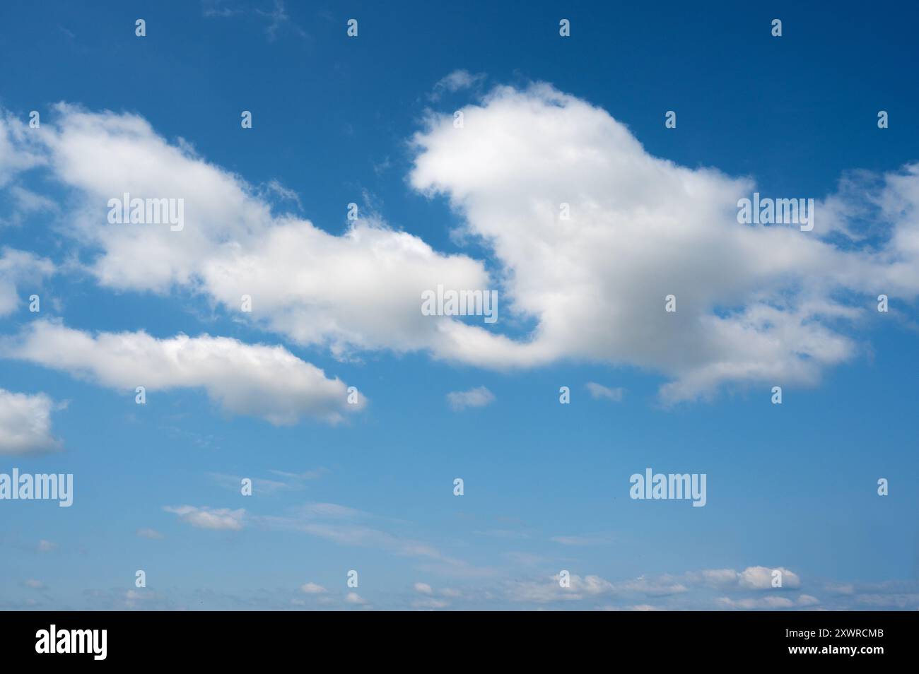 morbide nuvole bianche di cumulus soffiate dal vento nel cielo blu Foto Stock
