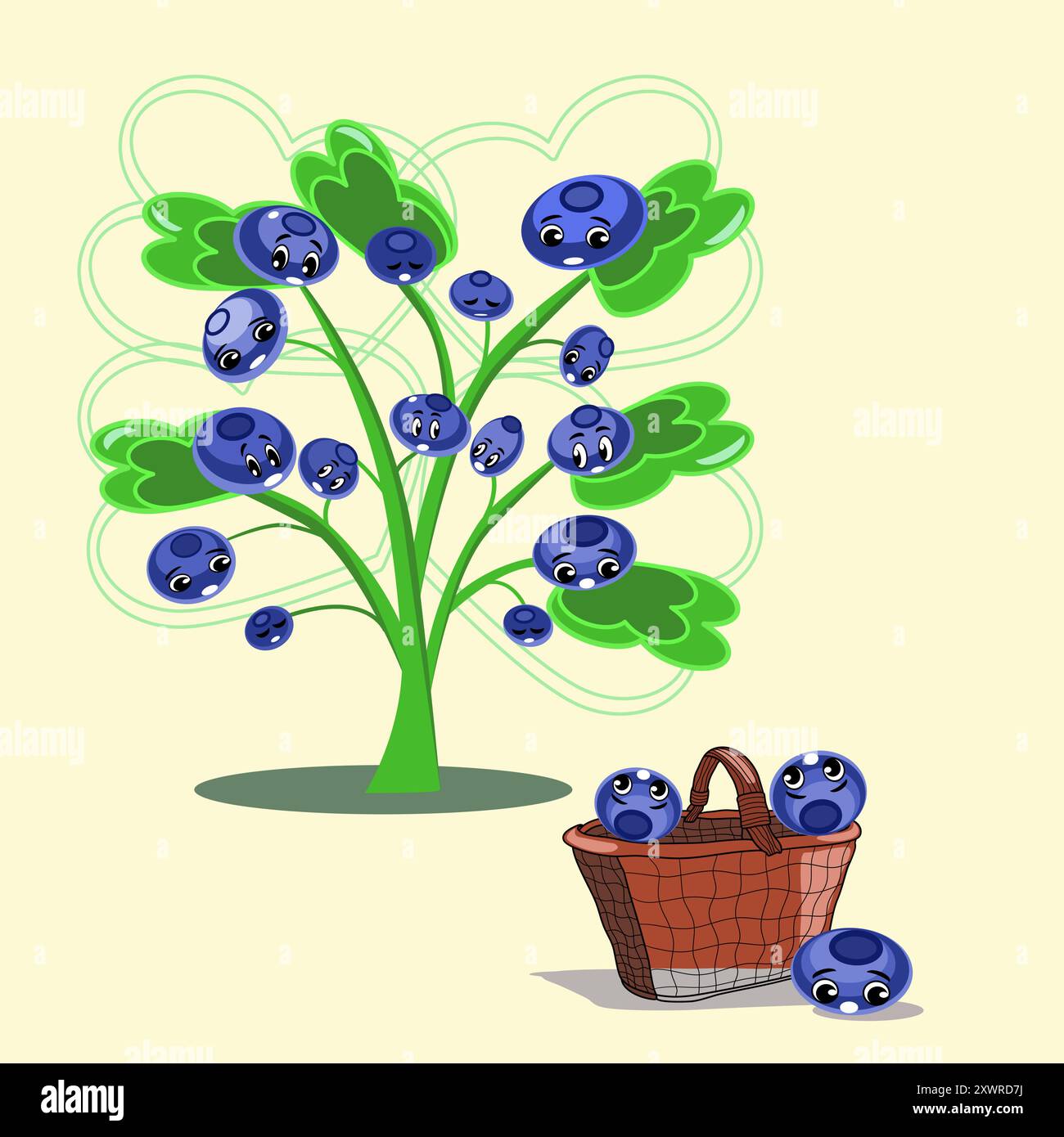 Design dei caratteri dei mirtilli e illustrazione vettoriale del cestino Illustrazione Vettoriale