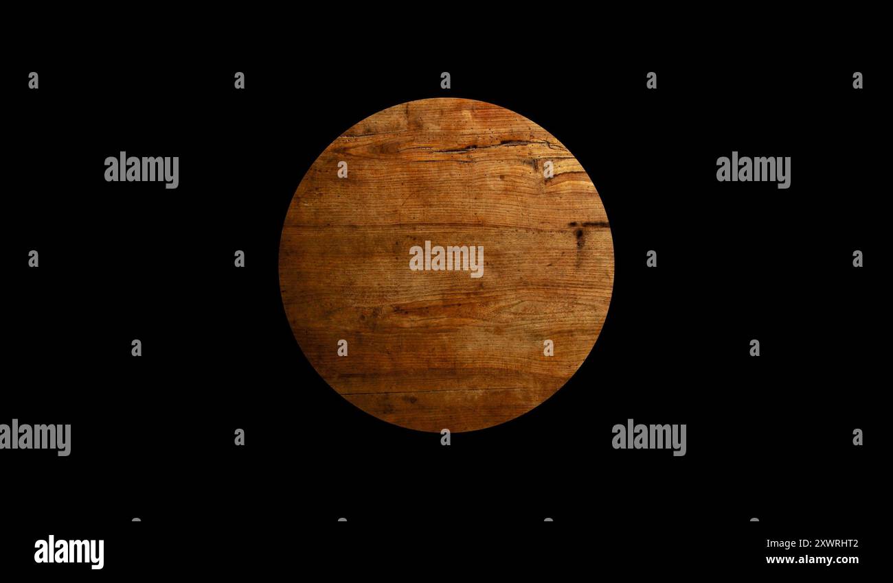 Frammento di una foto di un vecchio pavimento rustico in legno. Forma circolare. Ritagliare. Oggetti ripetuti. Manipolazione delle immagini. Arte moderna. Concetto di sostenibilità Foto Stock