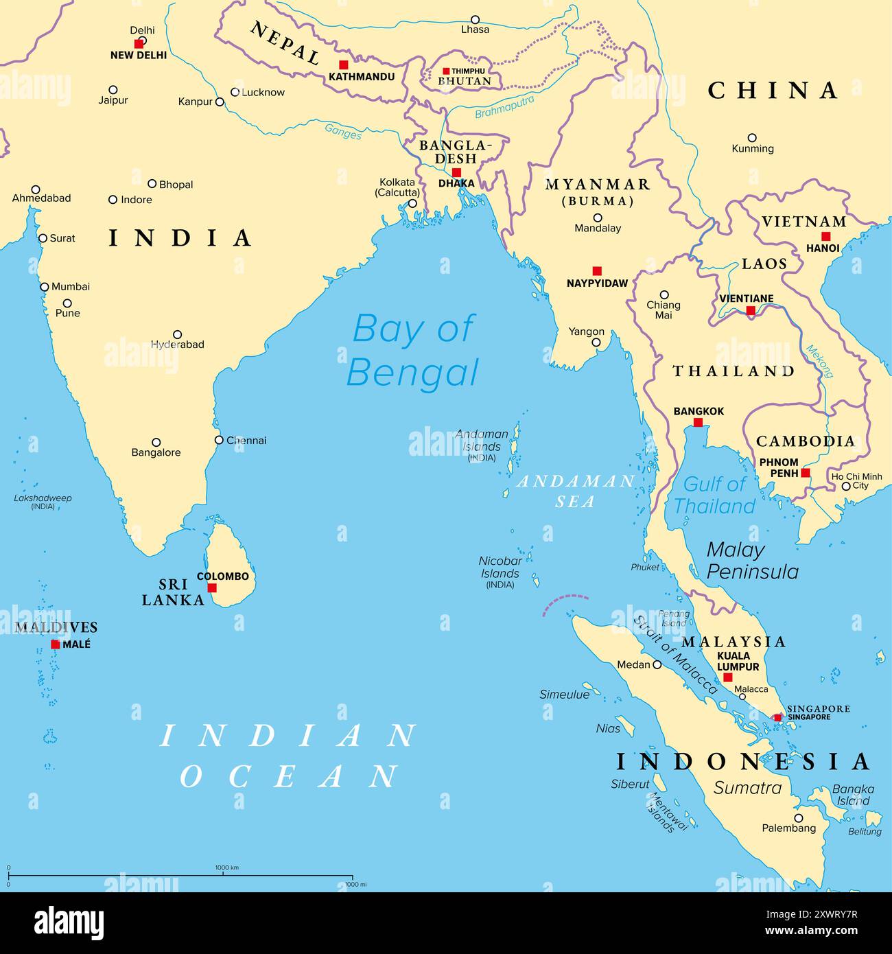 Baia del Bengala, mappa politica. Parte nord-orientale dell'Oceano Indiano e la più grande baia del mondo, tra il subcontinente indiano e la penisola indocinese. Foto Stock
