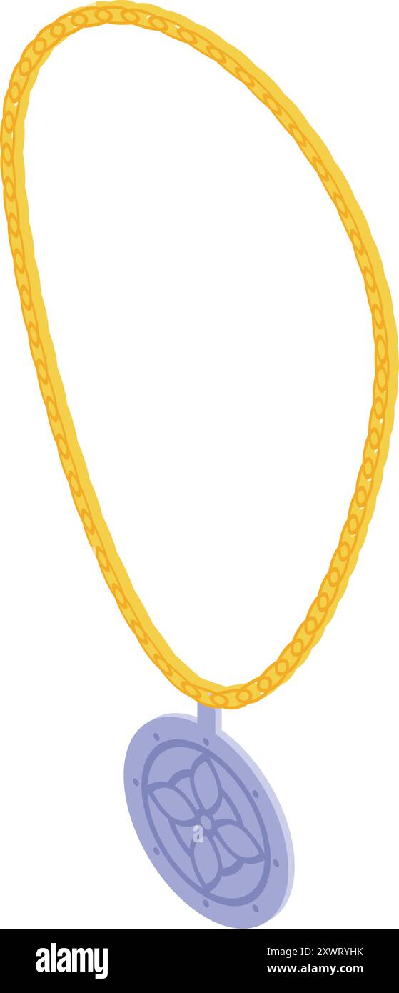 La catena dorata regge un medaglione d'argento rotondo con motivo floreale su sfondo bianco Illustrazione Vettoriale