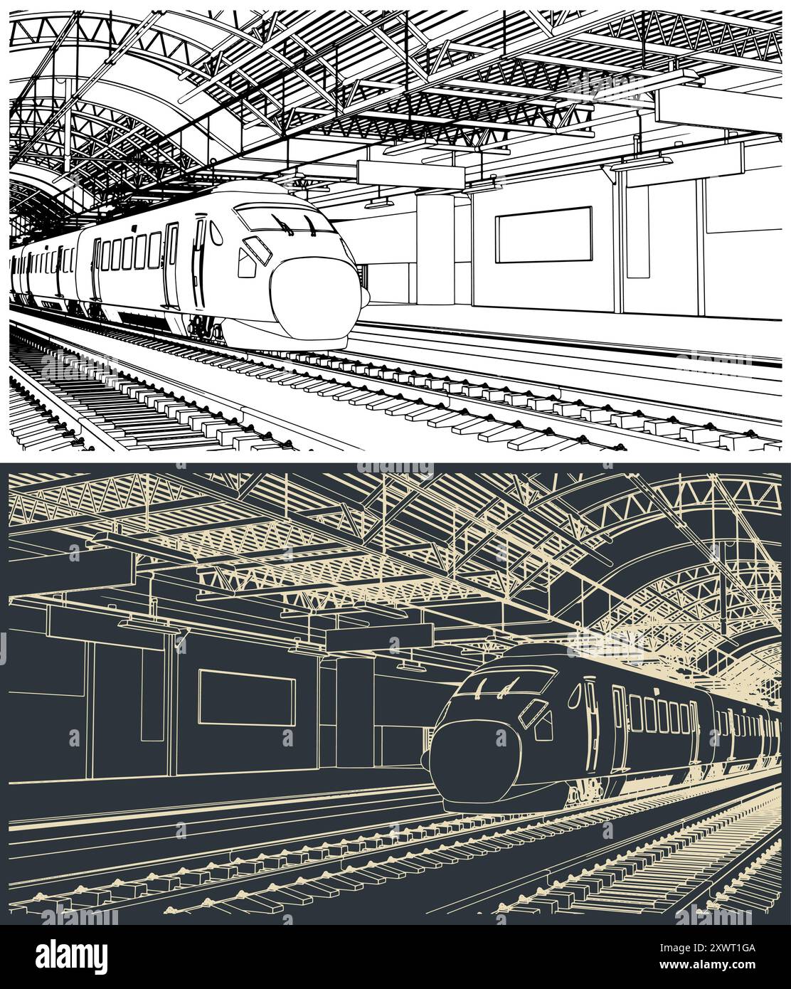 Illustrazioni vettoriali stilizzate di una stazione ferroviaria con un treno ad alta velocità Illustrazione Vettoriale