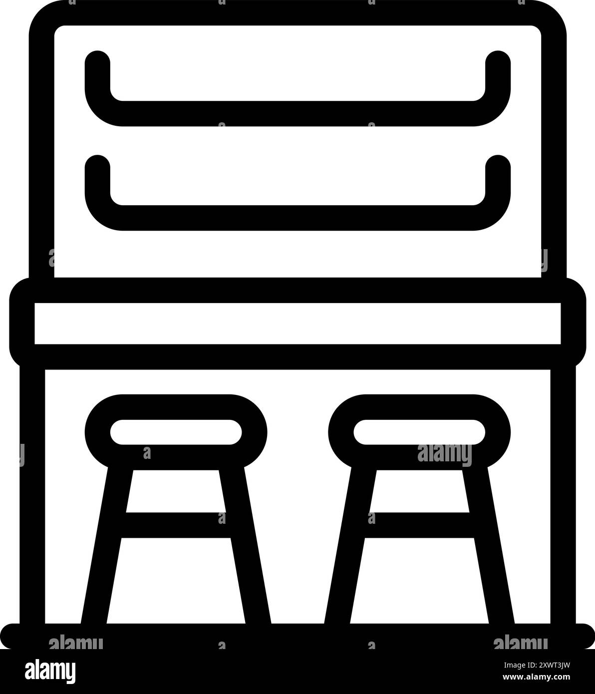 Banco bar con sgabelli che offre posti a sedere per i clienti che si godono un drink, creando un'atmosfera accogliente e sociale Illustrazione Vettoriale