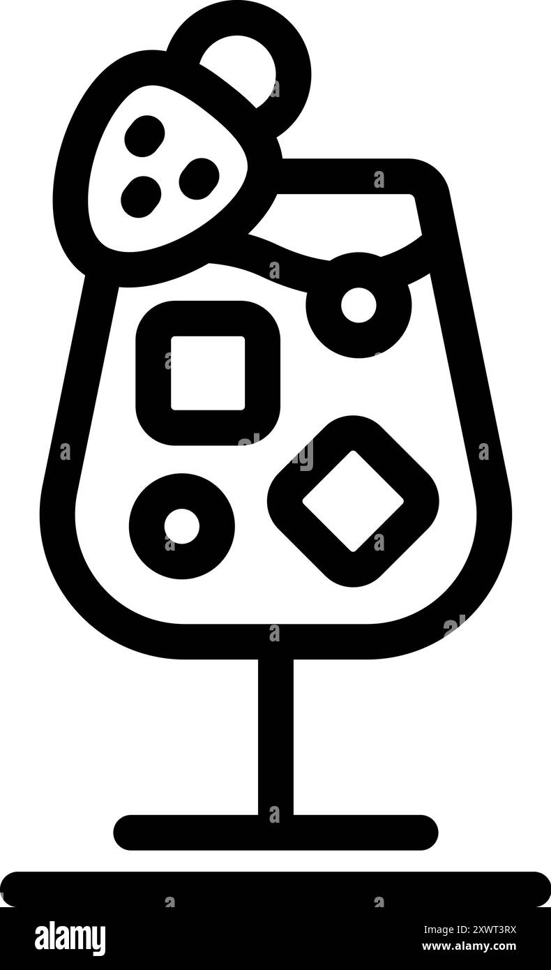 Icona artistica di un cocktail con cubetti di ghiaccio e fragola, perfetto per menu bar e ristorante Illustrazione Vettoriale