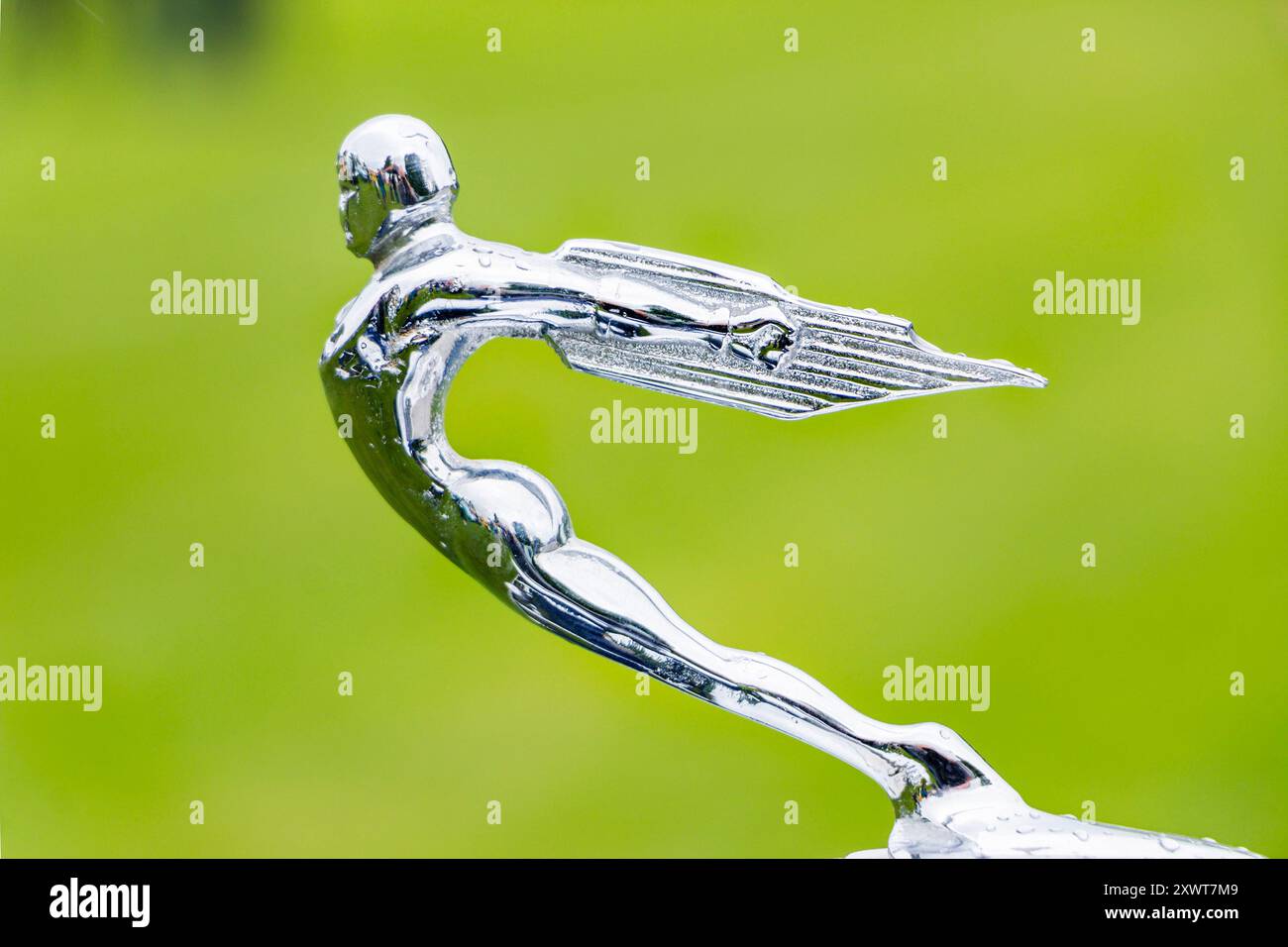 Mascotte e emblema Chrome Packard Goddess of Speed di Detroit Michigan su un veicolo classico con sfondo verde Foto Stock
