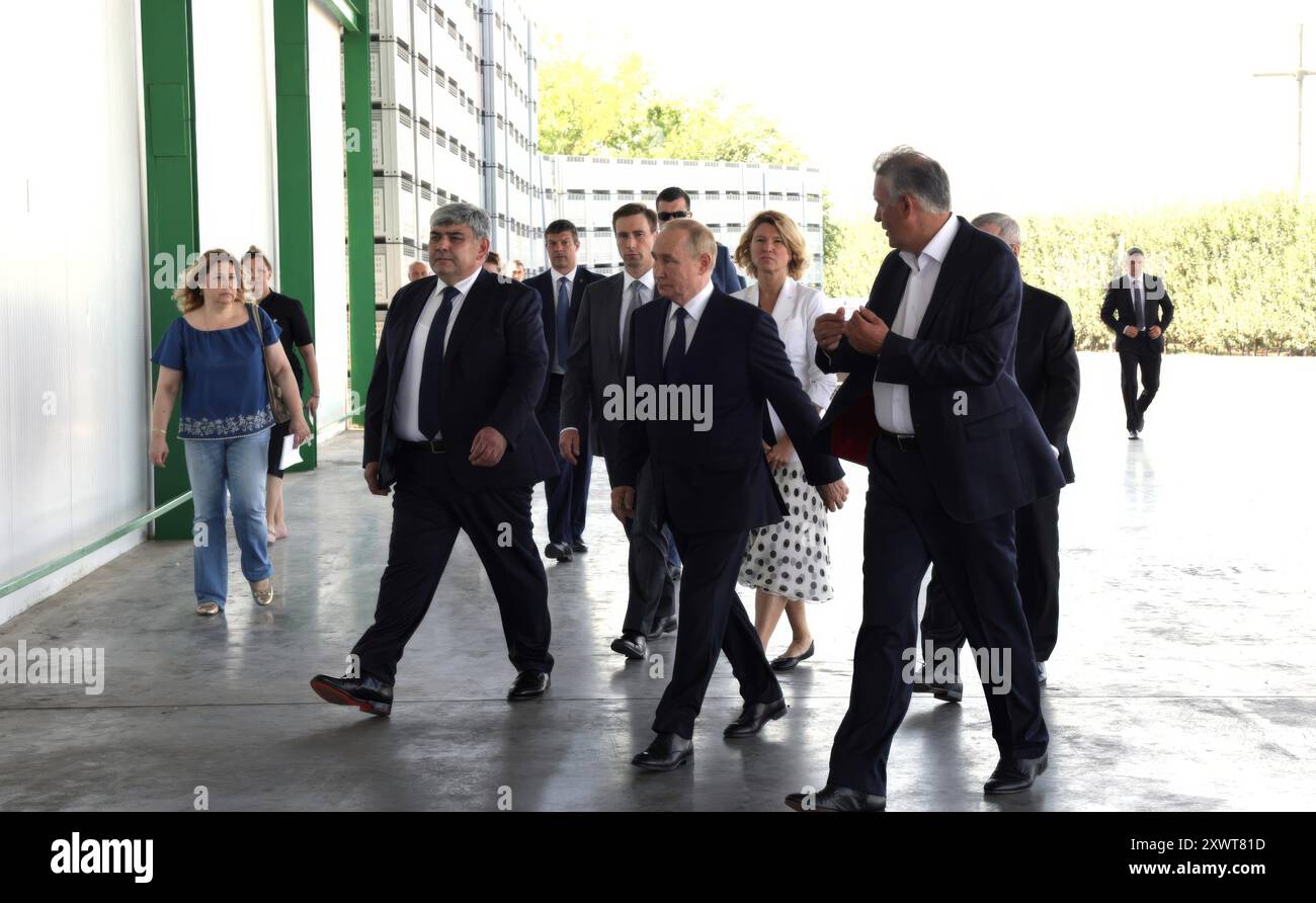 Germenchik, Russia. 20 agosto 2024. Presidente russo Vladimir Putin, centro, ministro dell'Agricoltura Oksana LUT, seconda destra, e capo della Repubblica Kabardino-Balcarica Kazbek Kokov, a sinistra, durante un tour dell'impianto di produzione della frutta Agro-07 dal direttore della società Alim Geduev, 20 agosto 2024 a Germenchik, Kabardino-Balkaria, Russia. Crediti: Vyacheslav Prokofyev/piscina del Cremlino/Alamy Live News Foto Stock