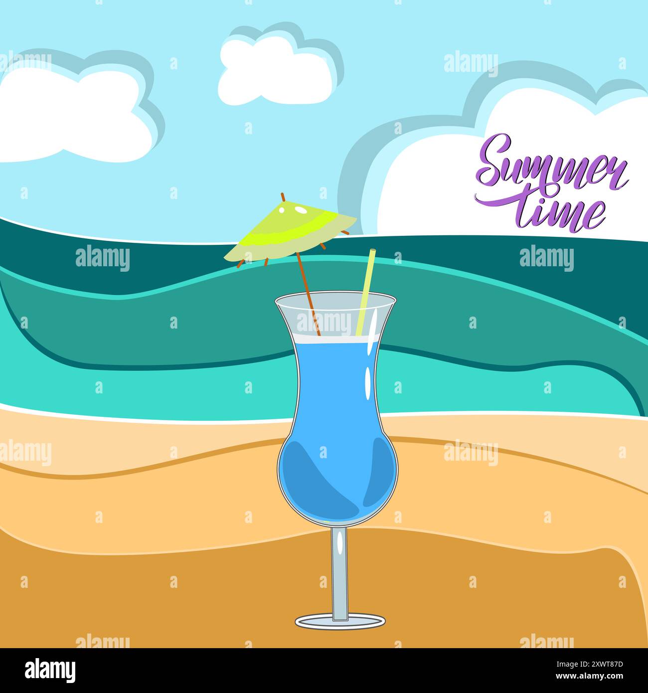 Cocktail Blue Hawaii sulla spiaggia in una tecnica piatta con illustrazione vettoriale Illustrazione Vettoriale