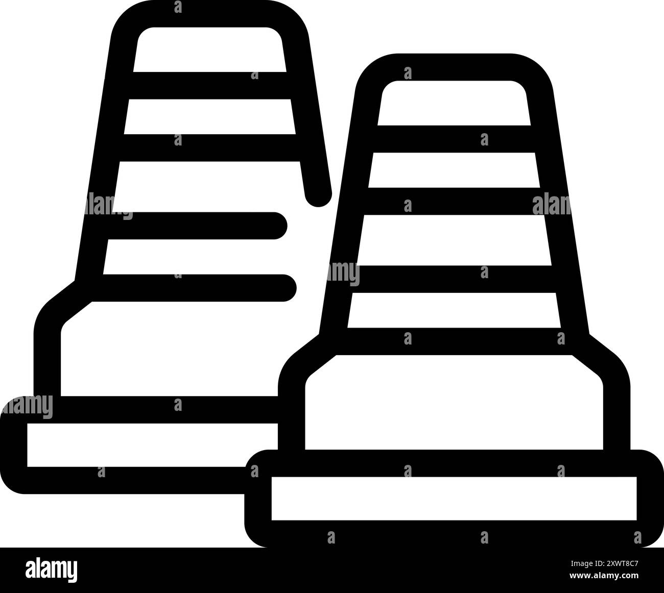 Semplice illustrazione line art di due coni stradali, comunemente utilizzati per contrassegnare aree pericolose o dirigere il traffico Illustrazione Vettoriale