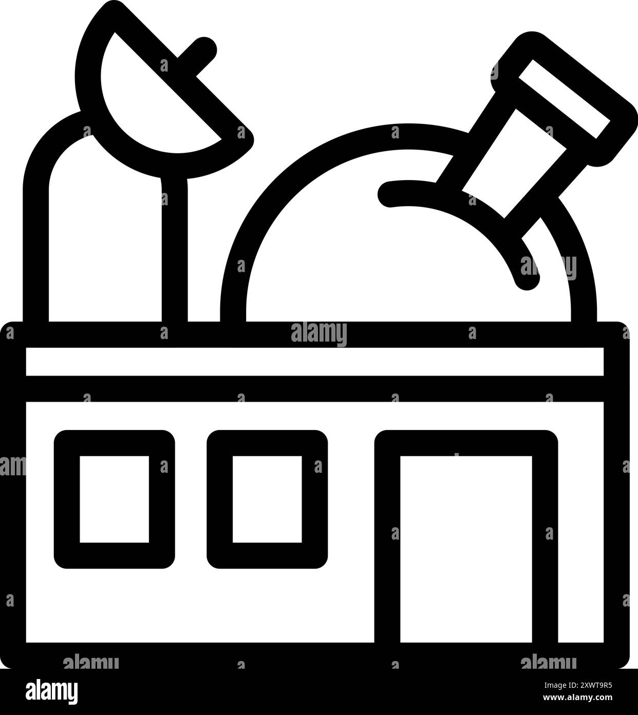Icona dell'arte in linea di un edificio osservatorio con un telescopio e una parabola satellitare sul tetto, perfetta per rappresentare concetti relativi all'astronomia e all'esplorazione spaziale Illustrazione Vettoriale