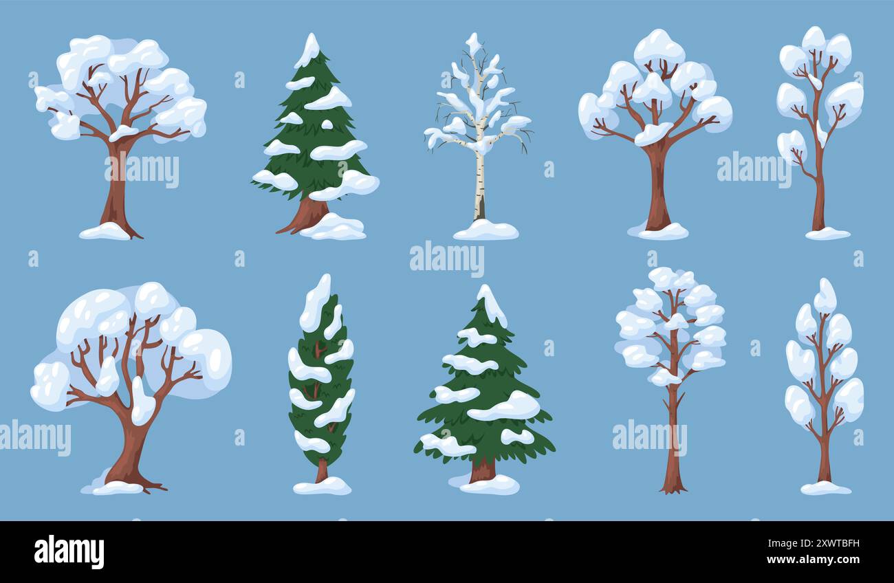 Alberi con rami di neve. Piante di conifere e decidue. Piste da neve invernali nel parco. Verde abete sempreverde. Cipresso innevato e betulla. Stagione fredda Illustrazione Vettoriale