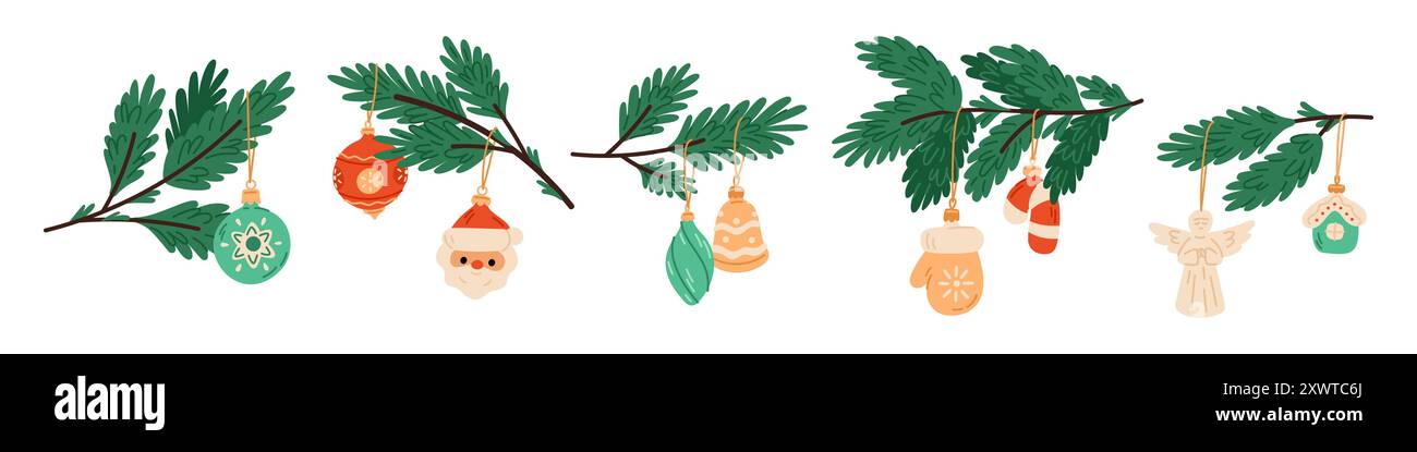 Cartoni animati rami di Natale con giocattoli. Decorazioni di Capodanno su rametti di conifere. Ramoscelli di abete. Accessori per le vacanze. Ghirlande natalizie. Gambi di abete rosso Illustrazione Vettoriale