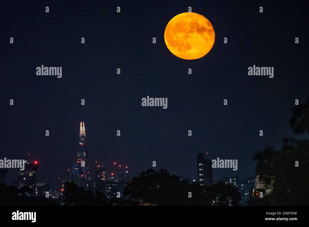 Londra, Regno Unito. 20 agosto 2024. Meteo nel Regno Unito – Una luna gibbosa in calo del 99% sorge dietro lo Shard e lo skyline della capitale, il giorno dopo la luna piena di agosto. Conosciuta come la Luna di Sturgeon secondo l'Almanacco dell'Old Farmer a causa del gran numero di pesci storione che sono stati trovati nei grandi Laghi in Nord America in questo periodo dell'anno, la luna piena di agosto è anche conosciuta come una "superluna blu" che appare più luminosa e più grande in quanto sarà nel punto più vicino alla Terra nella sua orbita. Crediti: Stephen Chung / Alamy Live News Foto Stock