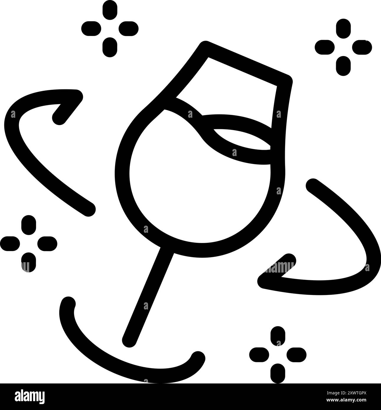 Icona vettoriale di un bicchiere di vino che ruota, circondata da frecce di movimento e scintille Illustrazione Vettoriale