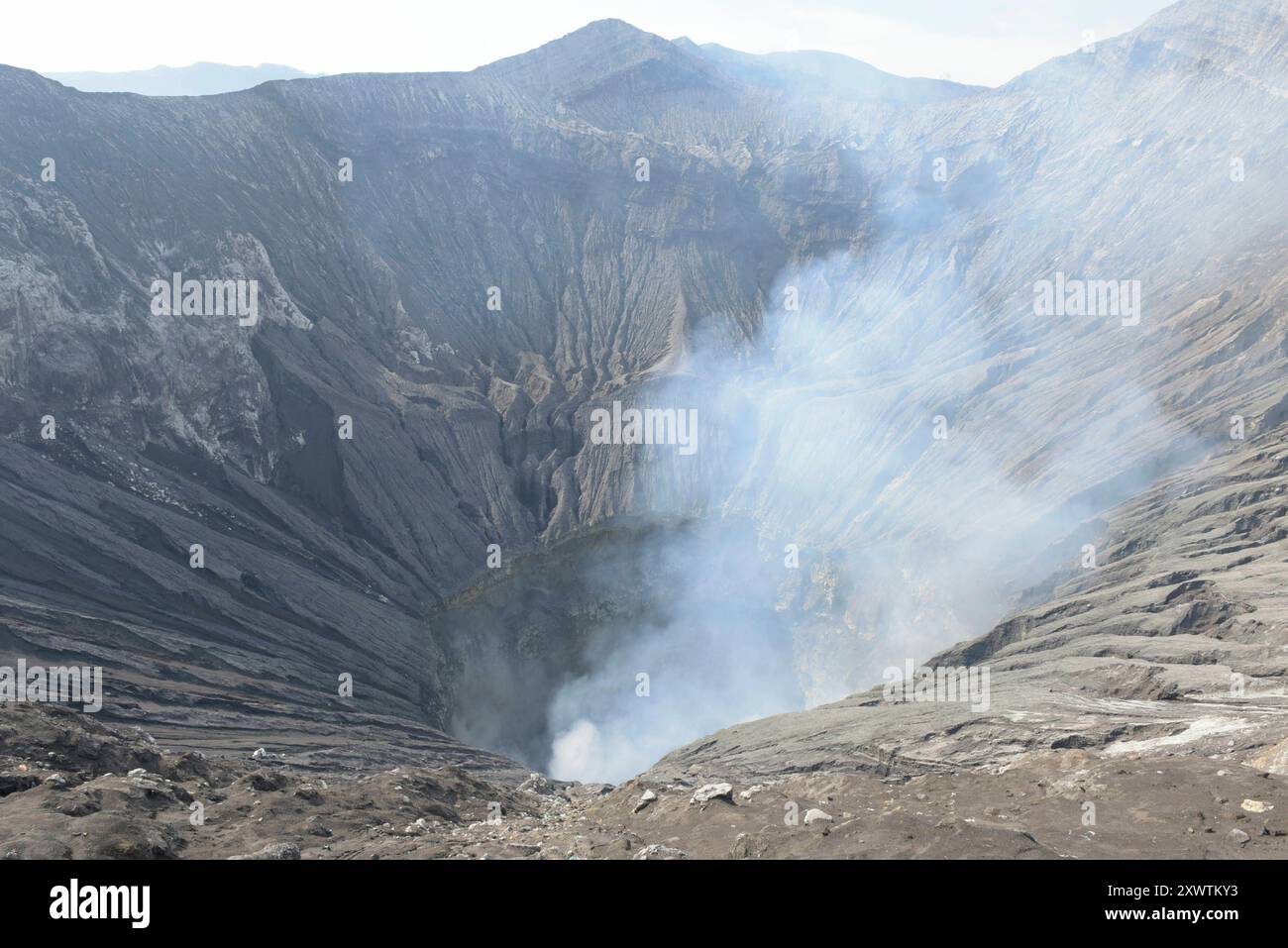 Blick vom Kraterrand in den Krater des Vulkans Bromo. Der 2329 m hohe Vulkan ist der jüngste Krater des Tengger-Vulkan-Massivs und einer der aktivsten Vulkane auf Java. BEI einem Ausbruch alle 8:00. Juni 2004 starben zwei Menschen. 23:00. Novembre 2010 begann eine neue Eruptionsphase, ein Umkreis von 2 Kilometern um den Krater wurde zeitweise gesperrt. Der in der Nähe liegende Flughafen Malang wurde zu besonderer Vorsicht aufgerufen, und an die Einwohner der Region wurden Staubmasken verteilt. Vom 12. Dal 2015 al 12 novembre. Novembre 2016 brach der Vulkan erneut aus. Zweimal musste in dieser Zeit der Foto Stock