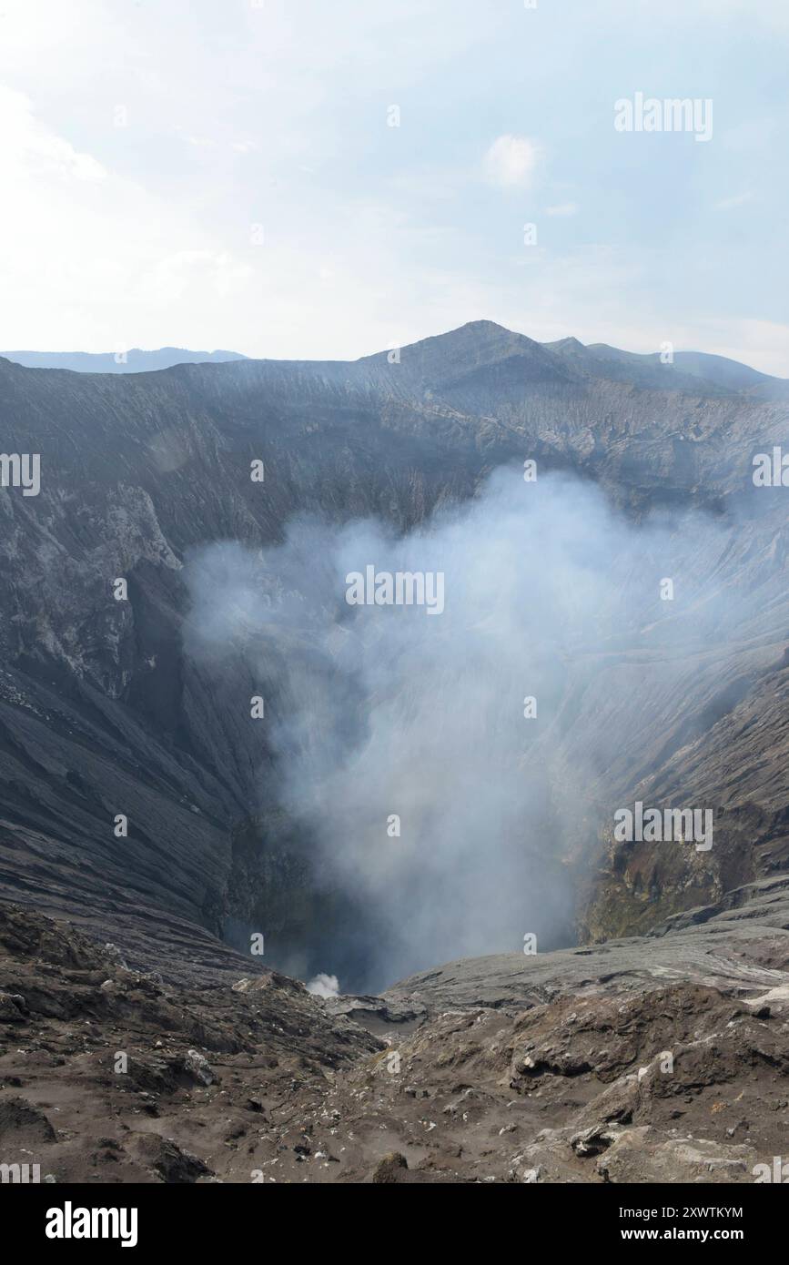 Blick vom Kraterrand in den Krater des Vulkans Bromo. Der 2329 m hohe Vulkan ist der jüngste Krater des Tengger-Vulkan-Massivs und einer der aktivsten Vulkane auf Java. BEI einem Ausbruch alle 8:00. Juni 2004 starben zwei Menschen. 23:00. Novembre 2010 begann eine neue Eruptionsphase, ein Umkreis von 2 Kilometern um den Krater wurde zeitweise gesperrt. Der in der Nähe liegende Flughafen Malang wurde zu besonderer Vorsicht aufgerufen, und an die Einwohner der Region wurden Staubmasken verteilt. Vom 12. Dal 2015 al 12 novembre. Novembre 2016 brach der Vulkan erneut aus. Zweimal musste in dieser Zeit der Foto Stock