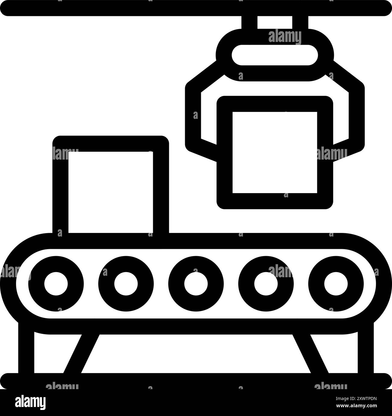 Il braccio robotizzato sta sollevando e spostando una scatola su un nastro trasportatore in un'impostazione di fabbrica Illustrazione Vettoriale Il braccio robotizzato sta sollevando e spostando una scatola su un nastro trasportatore in un'impostazione di fabbrica Illustrazione Vettoriale