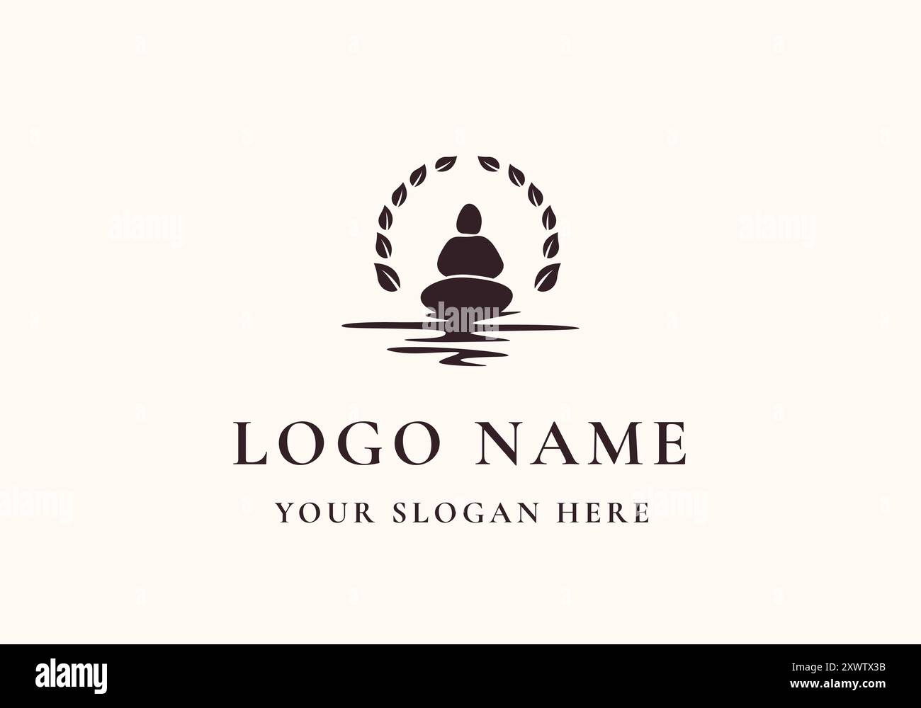 logo meditazione pietra yoga con foglie. Logo salute, yoga, meditazione. File modificabile Illustrazione Vettoriale