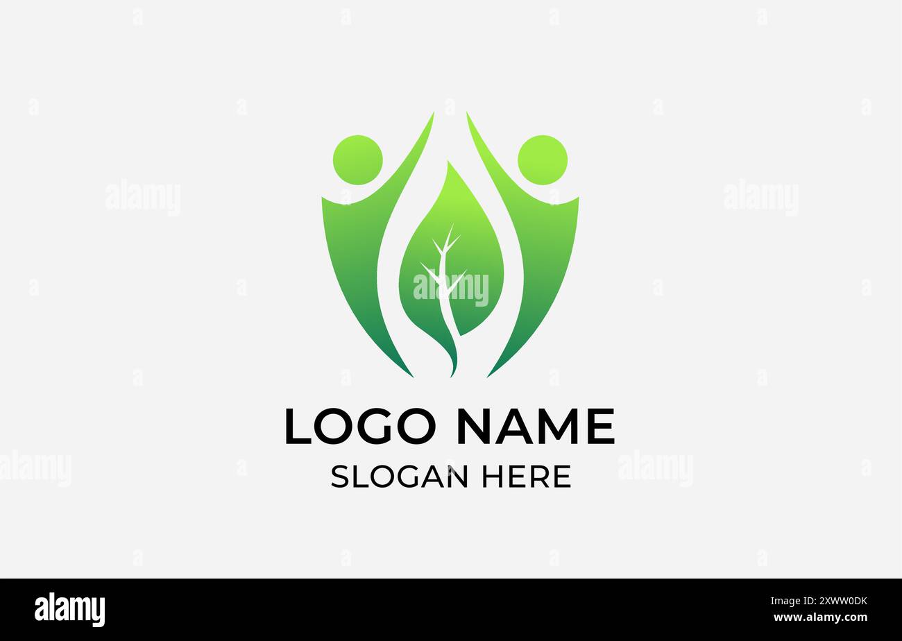 Logo crescita umana con foglia, logo persone natura. medico, salute, stile di vita, yoga. File modificabile Illustrazione Vettoriale