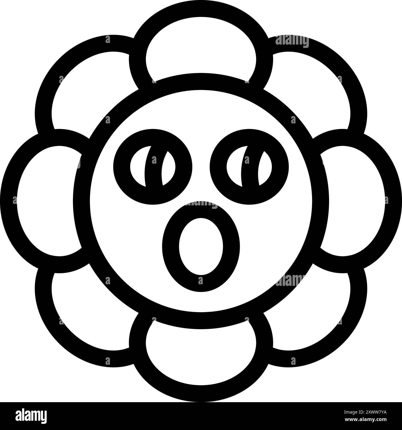 Personaggio dei fiori dei cartoni animati che mostra emozioni a sorpresa con bocca aperta e occhi larghi, una semplice illustrazione a linee bianche e nere Illustrazione Vettoriale