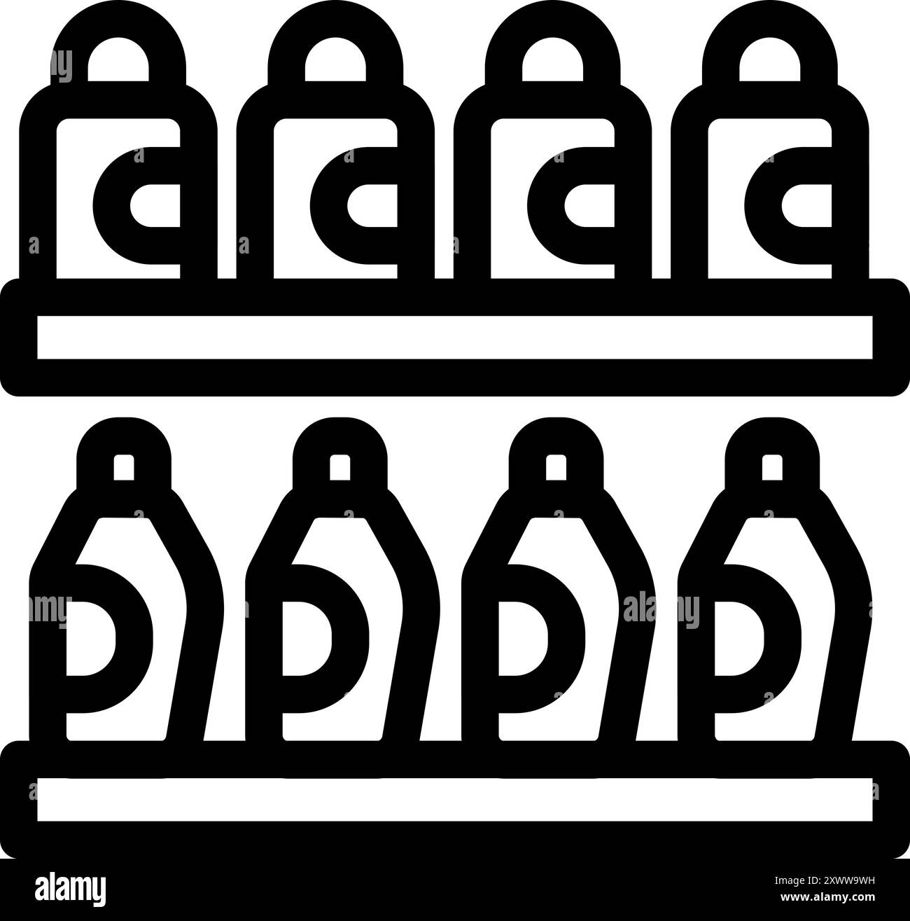 Semplice icona vettoriale in bianco e nero di uno scaffale di un supermercato con diversi prodotti Illustrazione Vettoriale