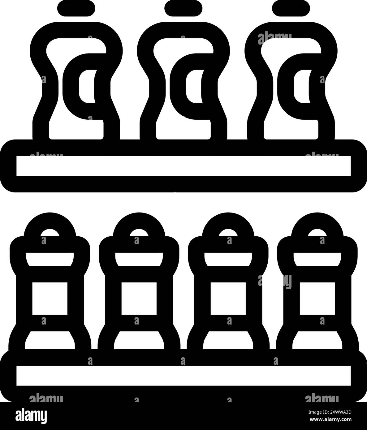 Scaffale del supermercato con varie bottiglie e vasetti di spezie, che rappresentano la vendita al dettaglio e la spesa Illustrazione Vettoriale