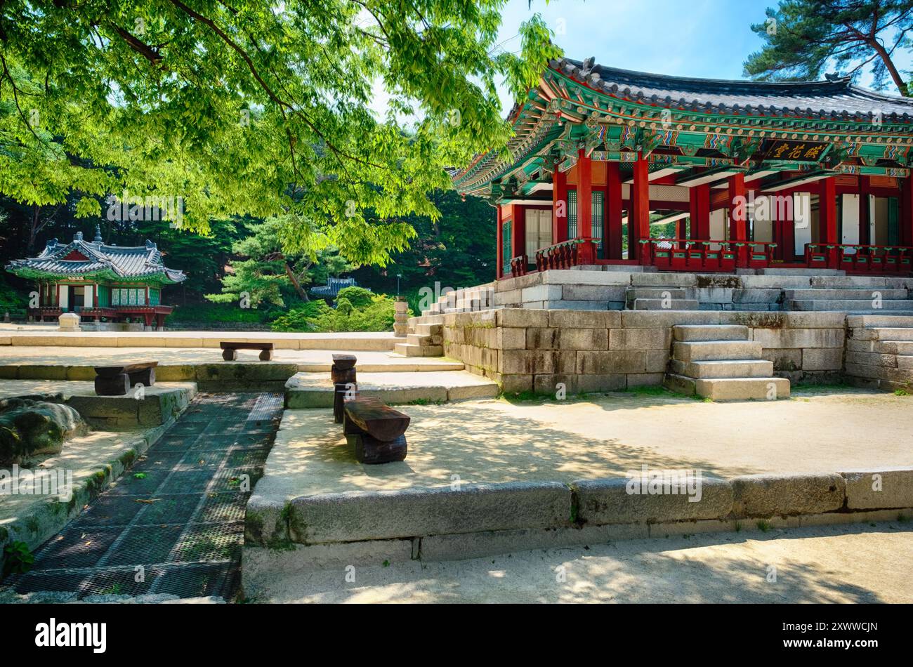 Colorato Padiglione nel Giardino segreto, Palazzo Changdeok, Seoul. Corea del Sud Foto Stock