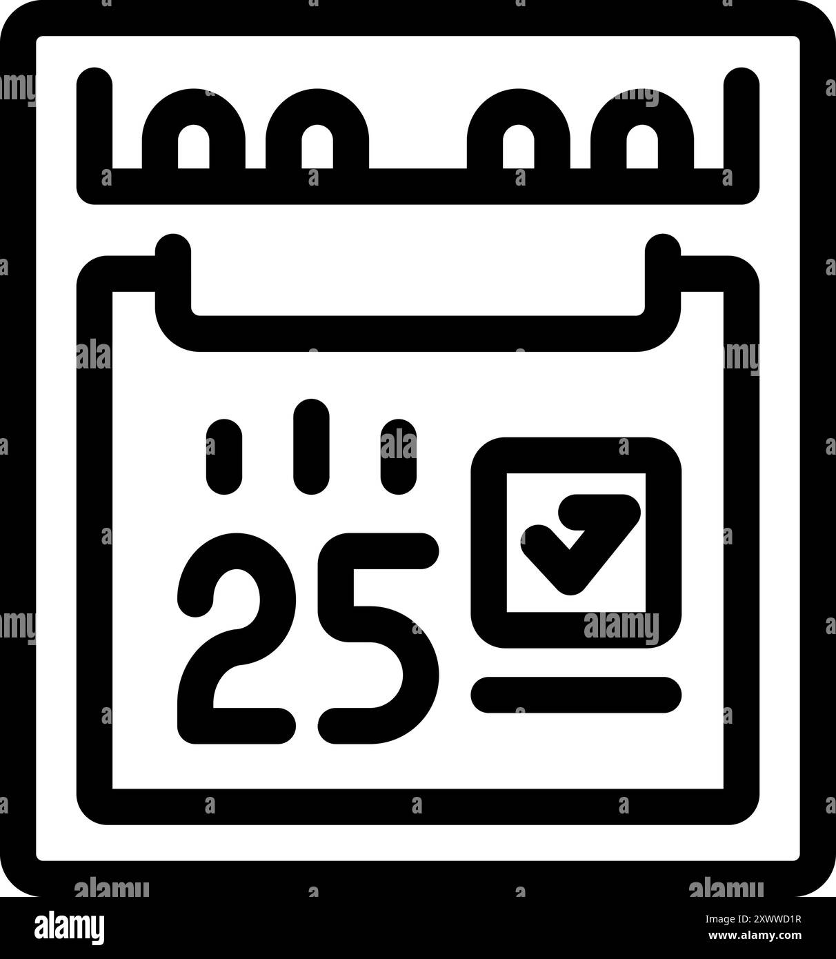 Icona a riga semplice di una pagina di calendario che mostra il venticinquesimo giorno del mese con un segno di spunta che indica un'attività completata Illustrazione Vettoriale