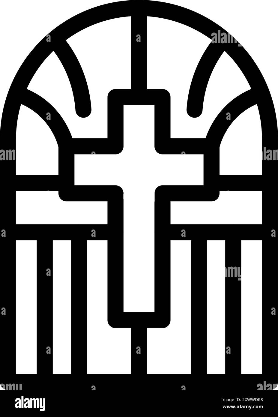 Semplice icona a forma di linea di una finestra ad arco con un simbolo a croce prominente Illustrazione Vettoriale