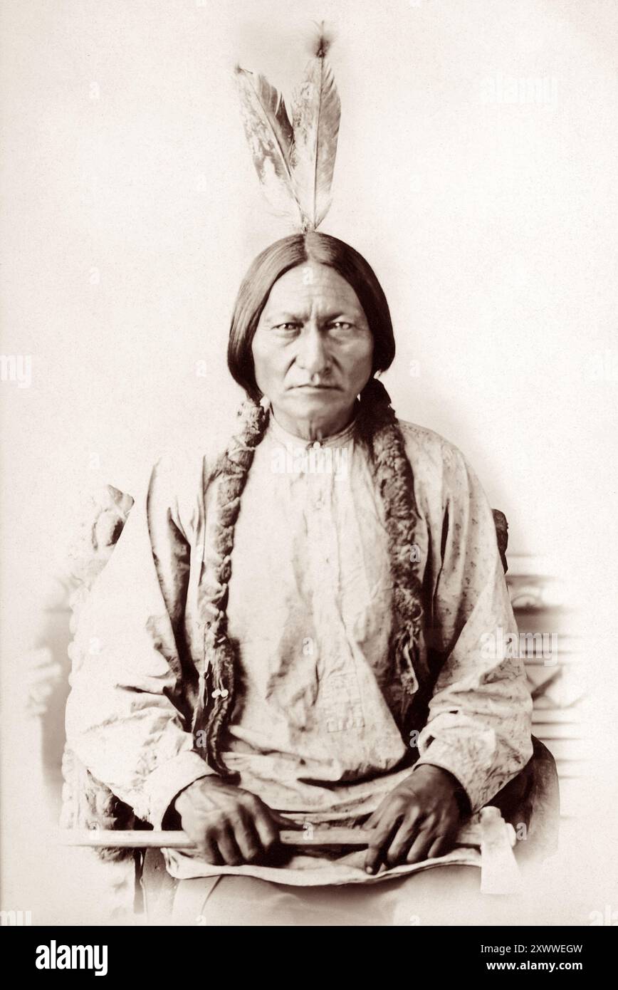 Ritratto dell'uomo e capo della medicina Sioux, Toro seduto (c1834-1890), con un'ascia nel 1885. (USA) Foto Stock