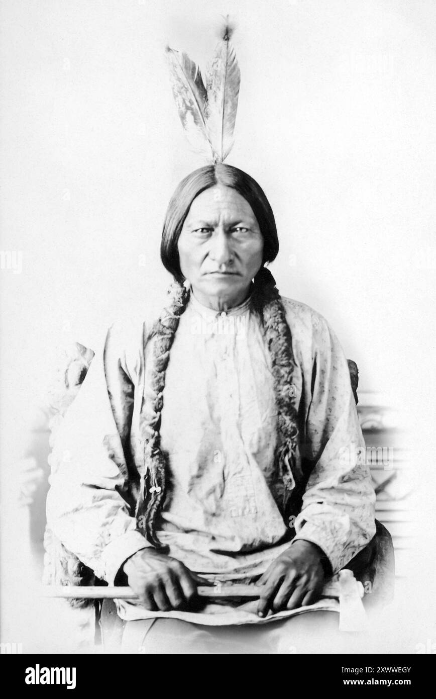 Ritratto dell'uomo e capo della medicina Sioux, Toro seduto (c1834-1890), con un'ascia nel 1885. (USA) Foto Stock