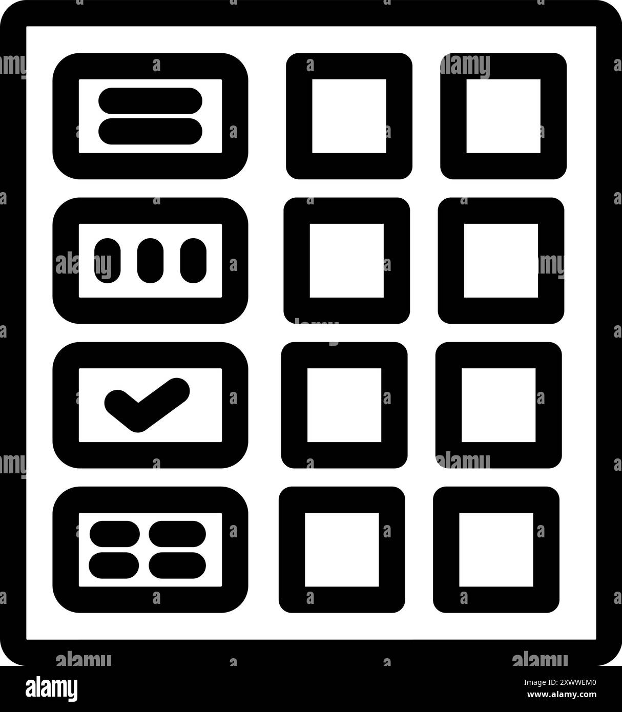 Semplice icona in bianco e nero di un pannello di voting elettronico che visualizza varie opzioni e un pulsante di conferma Illustrazione Vettoriale