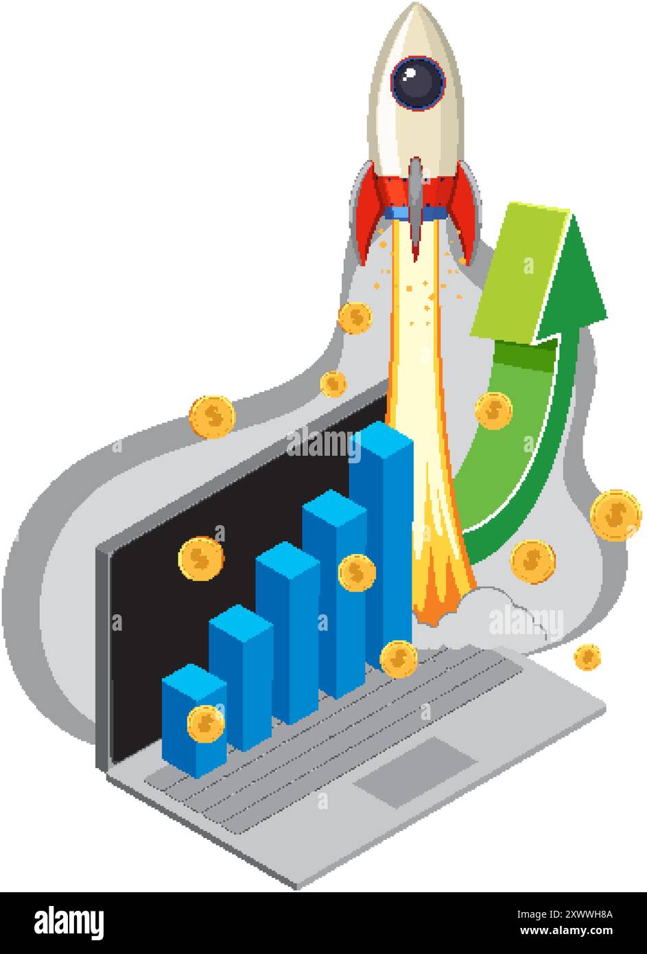 Lancio del razzo dal notebook con grafico in aumento Illustrazione Vettoriale