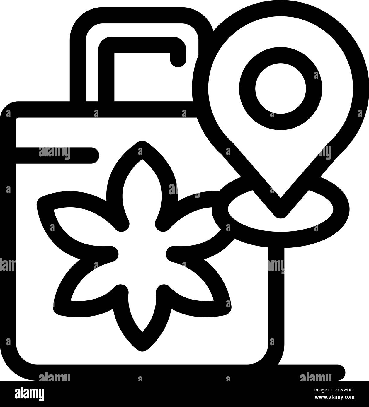 L'icona della geolocalizzazione sta segnando una borsa con una foglia di cannabis su di essa Illustrazione Vettoriale