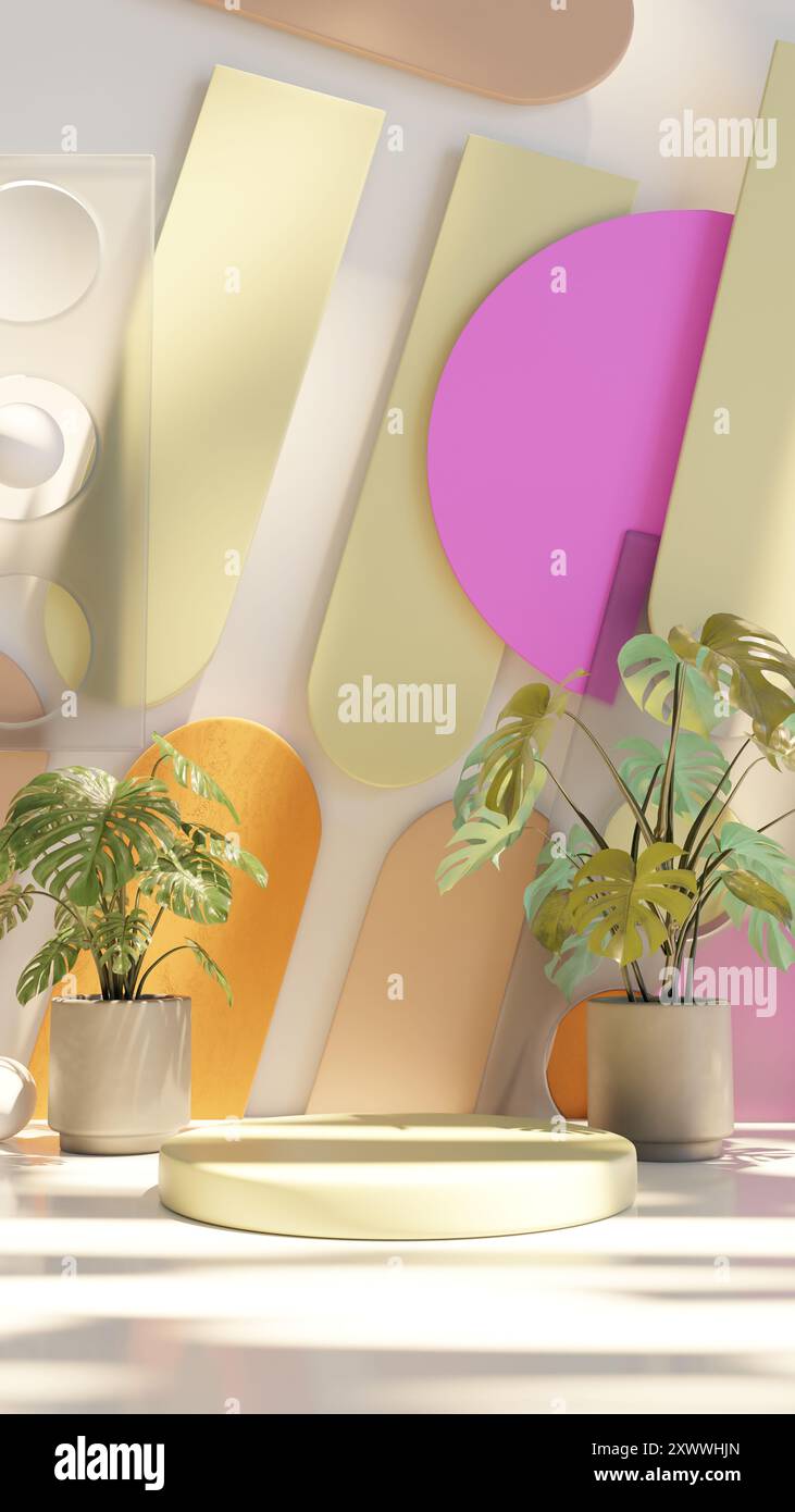 Sfondo di illustrazione 3D per pubblicità e sfondo in motivo retrò e scenografia minimale. Rendering 3D con concetto decorativo. Foto Stock