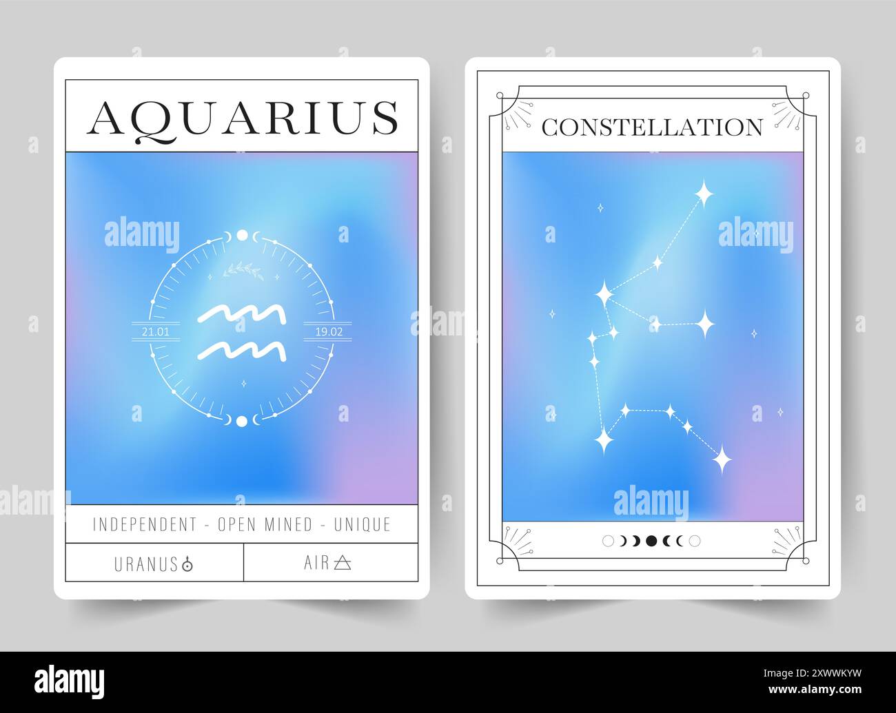 Acquario. Carte della stregoneria con segno zodiaco astrologico e costellazione. Poster astrologici moderni sfumati in stile Y2K. Perfetto per i tarocchi Illustrazione Vettoriale