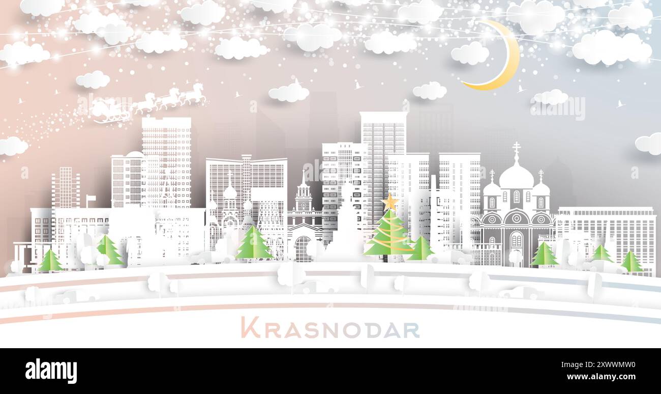 Krasnodar Russia. Skyline invernale della città in stile cartaceo con fiocchi di neve, luna e neon garland. Natale e Capodanno. Illustrazione Vettoriale