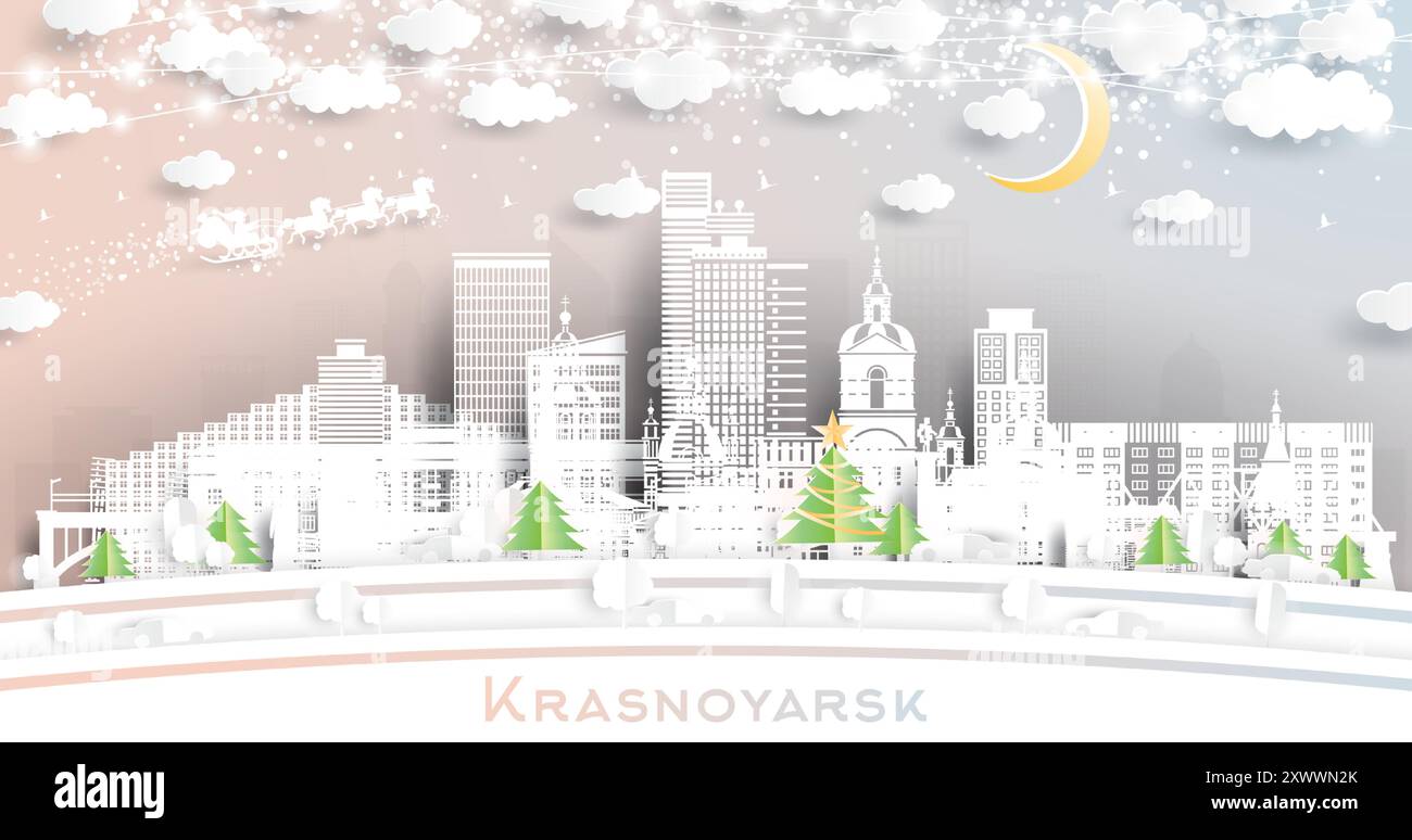 Krasnoyarsk Russia. Skyline invernale della città in stile cartaceo con fiocchi di neve, luna e neon garland. Natale e Capodanno. Illustrazione Vettoriale
