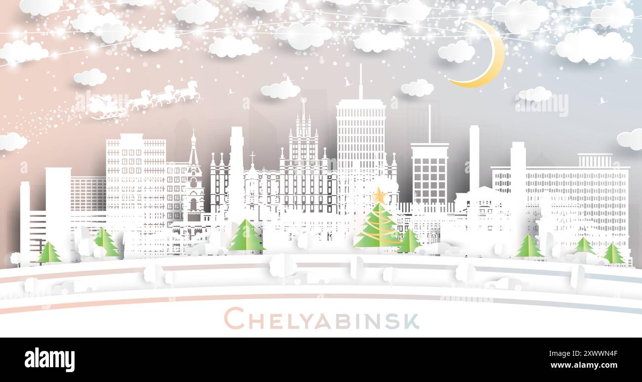Chelyabinsk Russia. Skyline invernale della città in stile cartaceo con fiocchi di neve, luna e neon garland. Natale e Capodanno. Illustrazione Vettoriale
