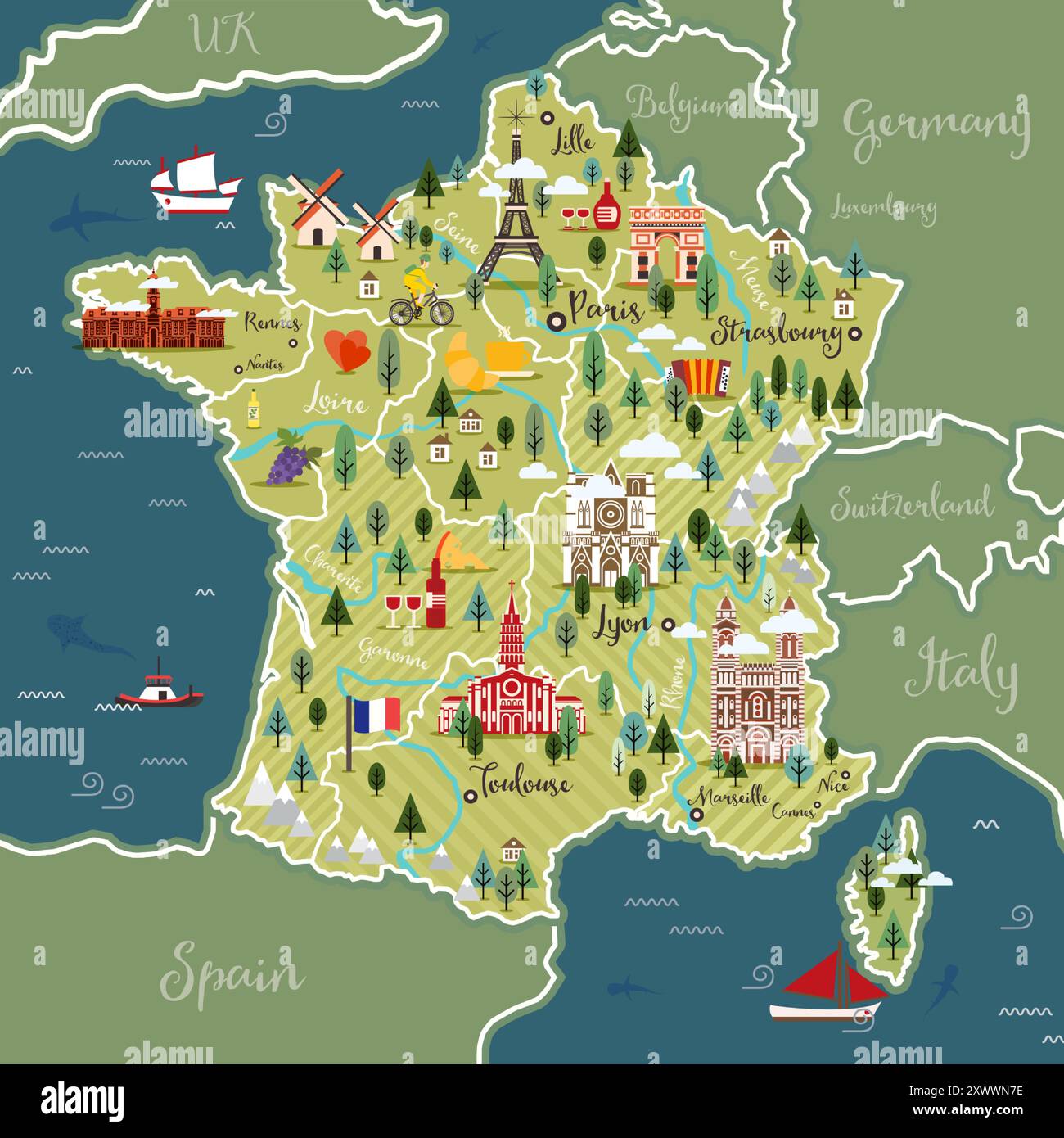Mappa stilizzata della Francia. Illustrazione vettoriale. Simboli francesi, formaggio, croissant, vino, bicicletta, armoniche, montagne e altri luoghi di interesse. Illustrazione Vettoriale